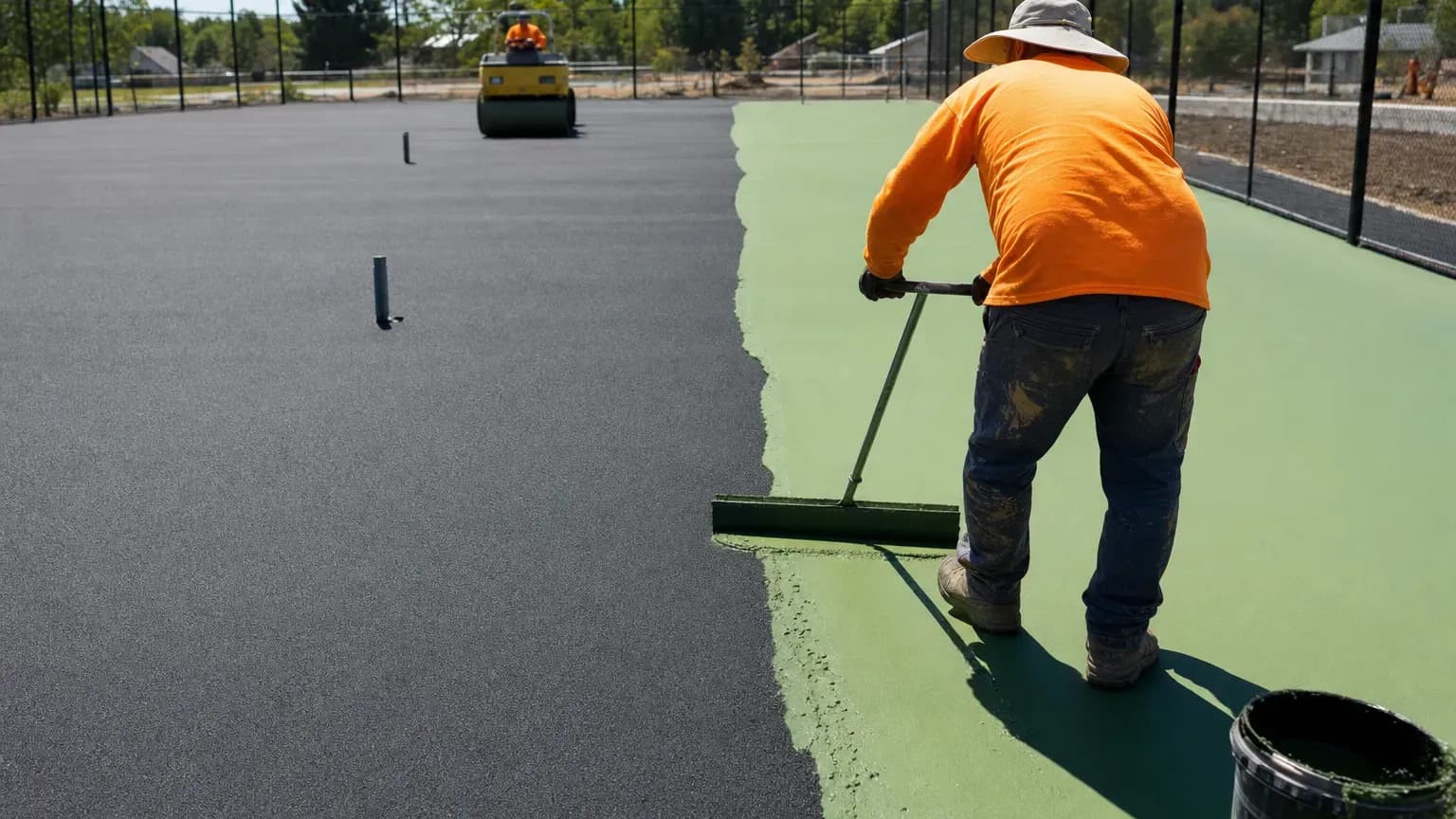Tennis court under construction with new asphalt base and fence posts