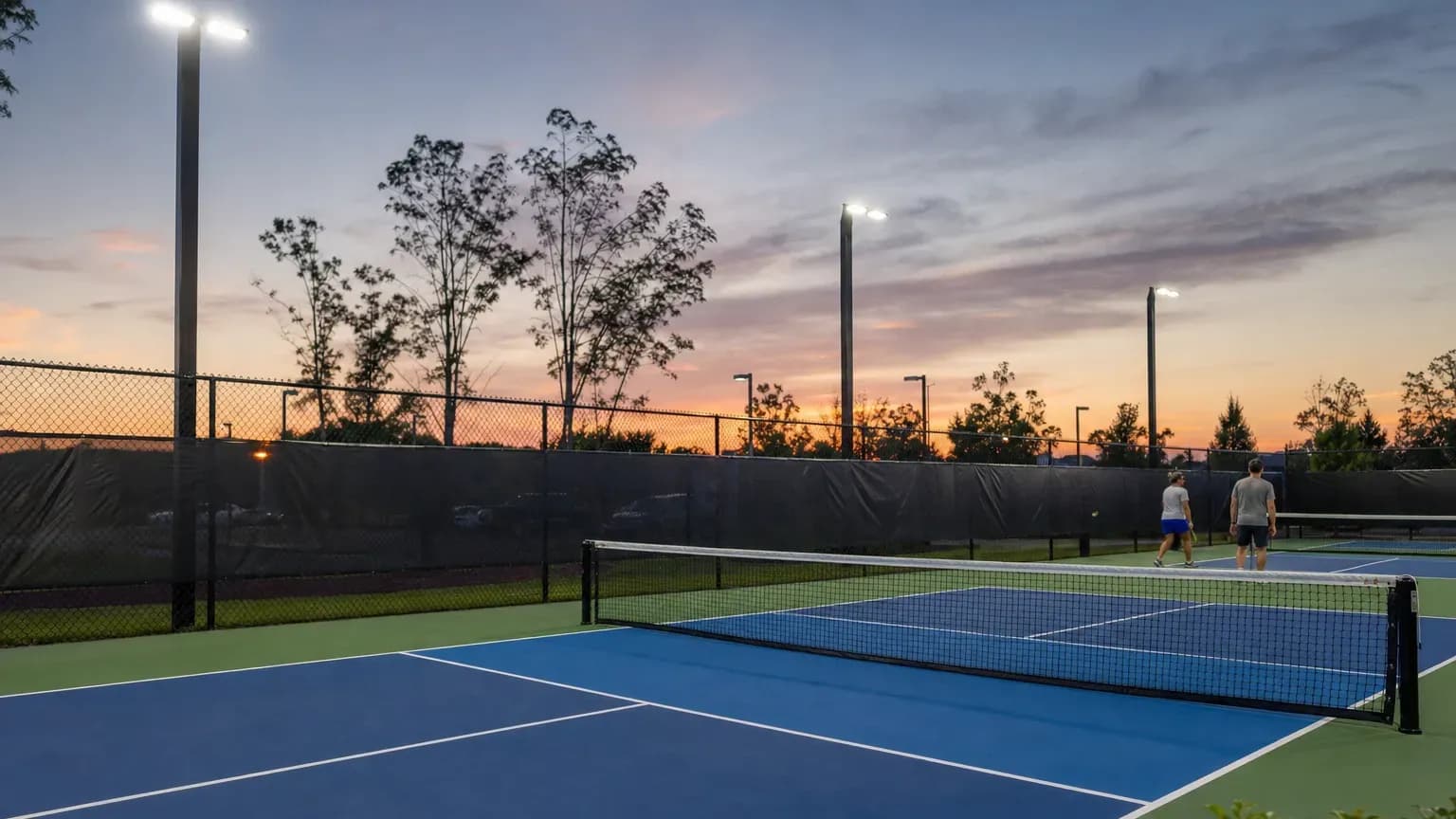 New outdoor pickleball court with fencing and light poles at dusk