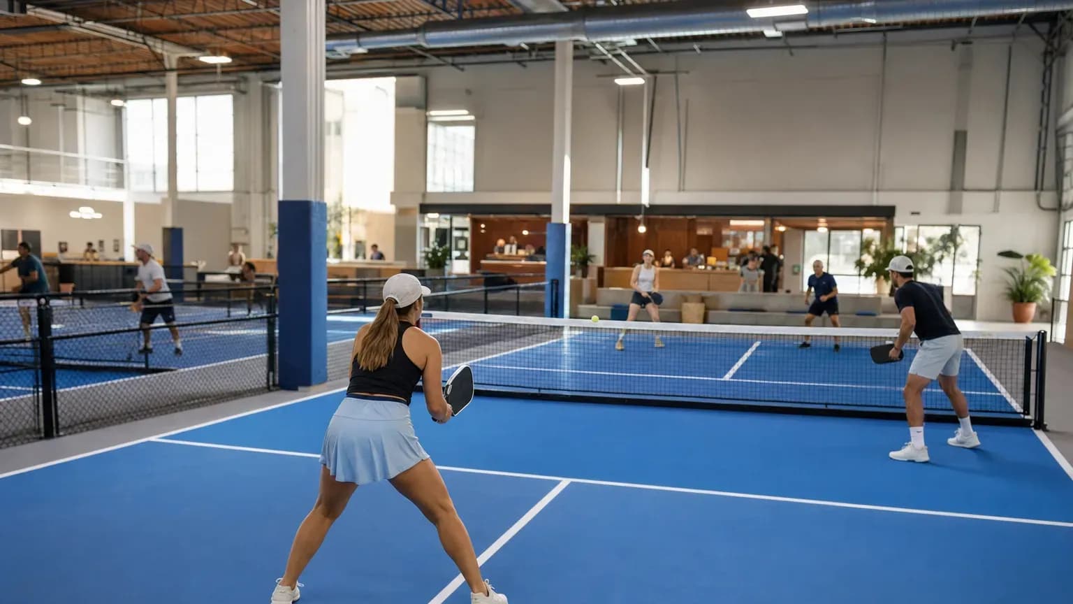 Indoor pickleball facility with several blue courts and players mid-rally in a converted warehouse.