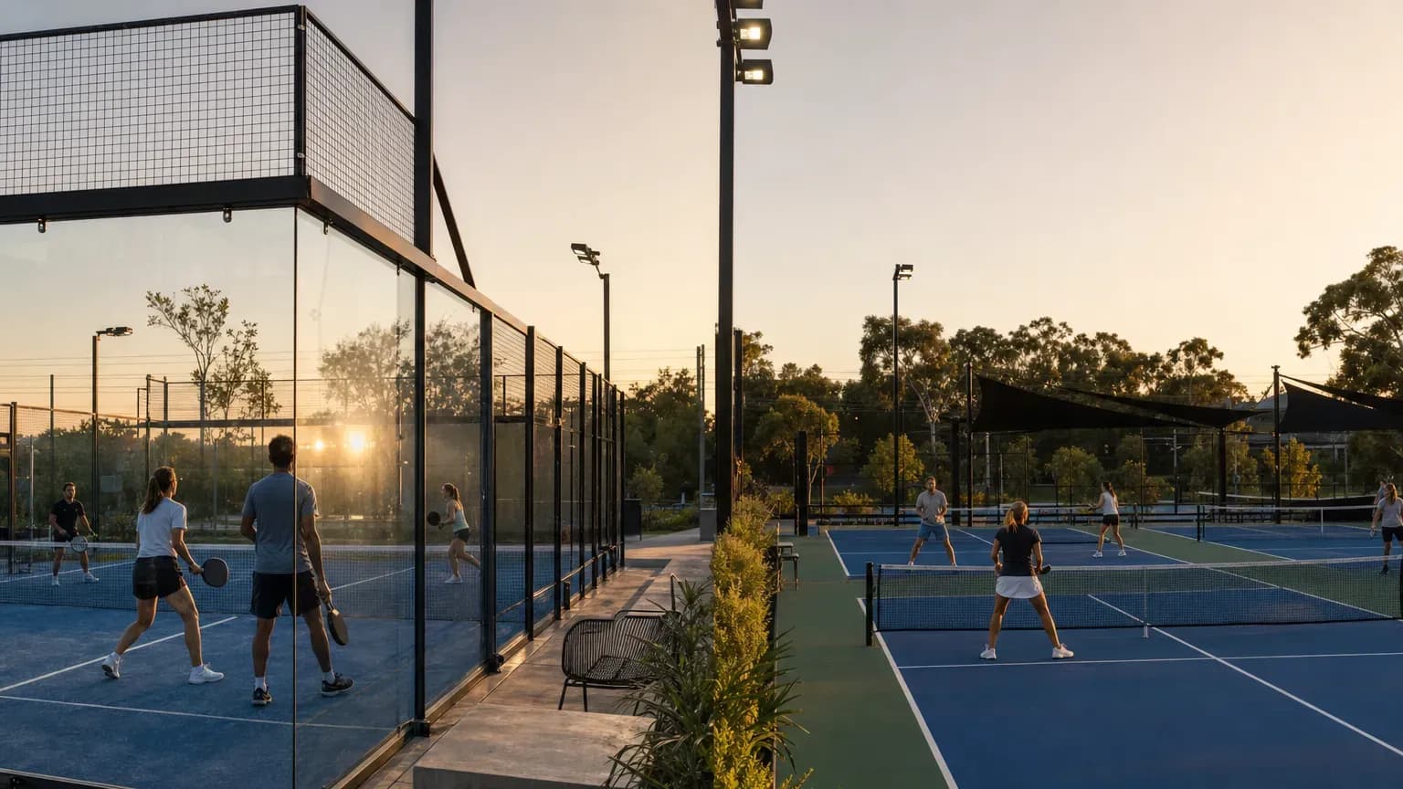 A glass-walled padel court next to a row of outdoor pickleball courts with players on both.