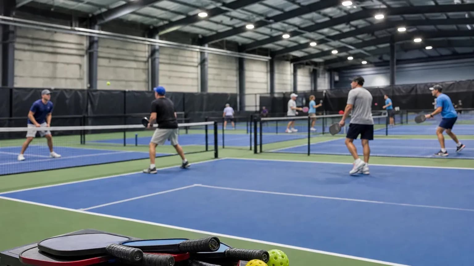 Doubles pickleball games on indoor courts under bright lights