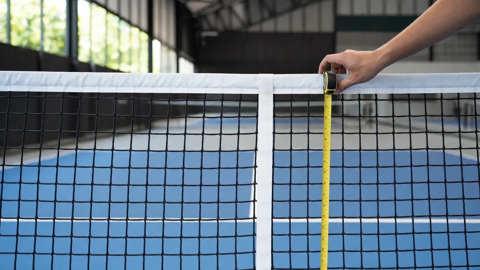 A tape measure held against a pickleball net at center court to check its height.