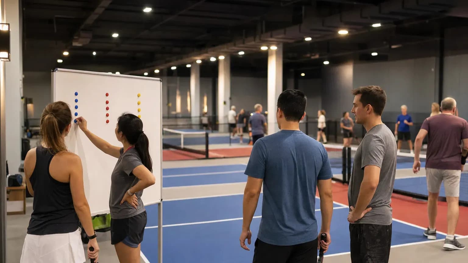 Players waiting courtside at an indoor pickleball open play session with a court rotation board.