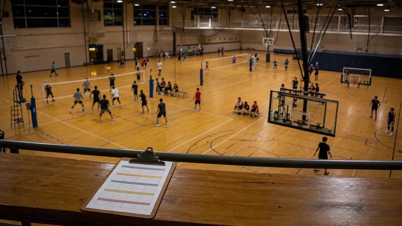 Indoor sports hall with several league games running on separate courts and a printed schedule on a bench.