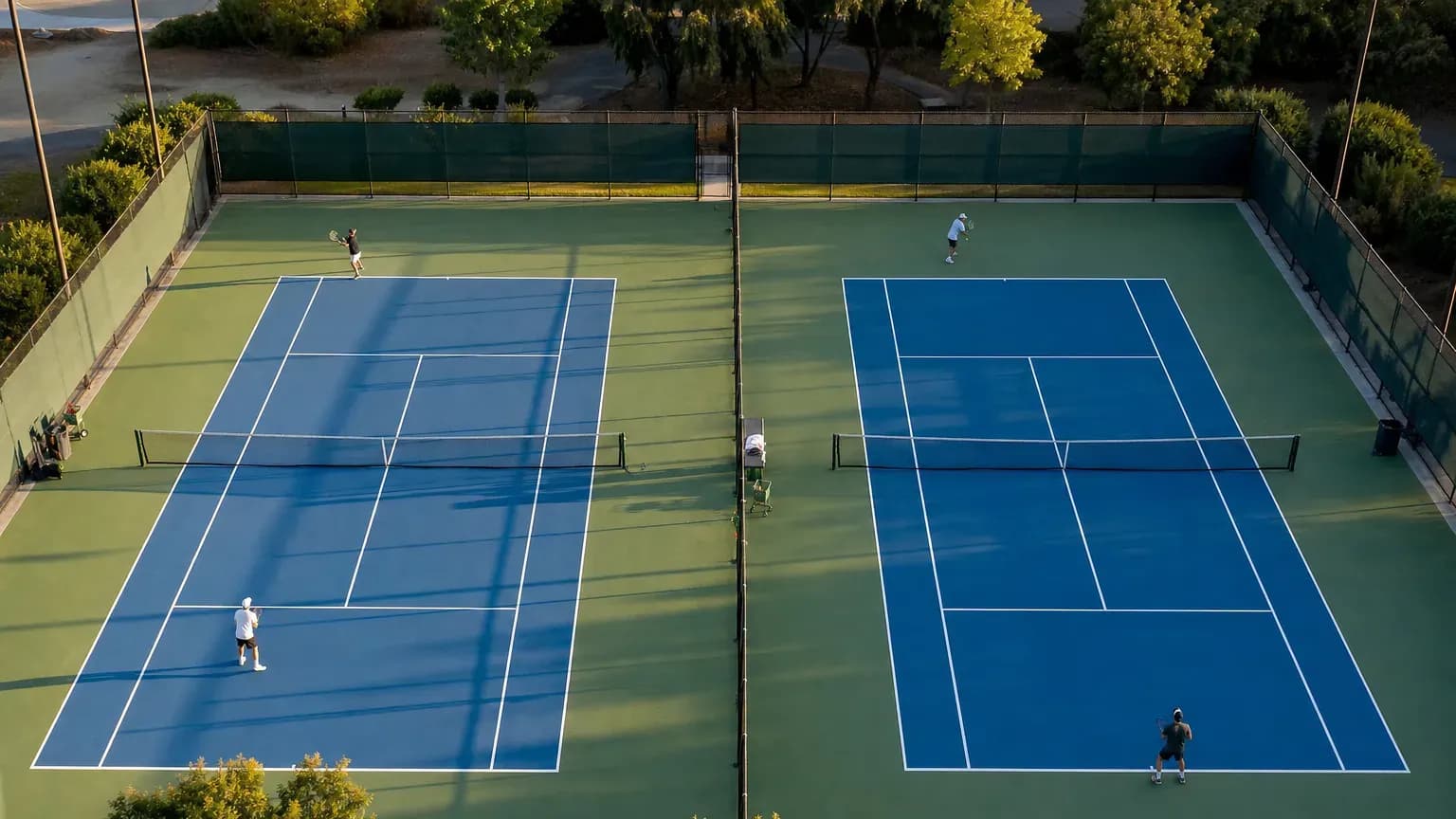 Overhead view of two side-by-side hard tennis courts with white lines