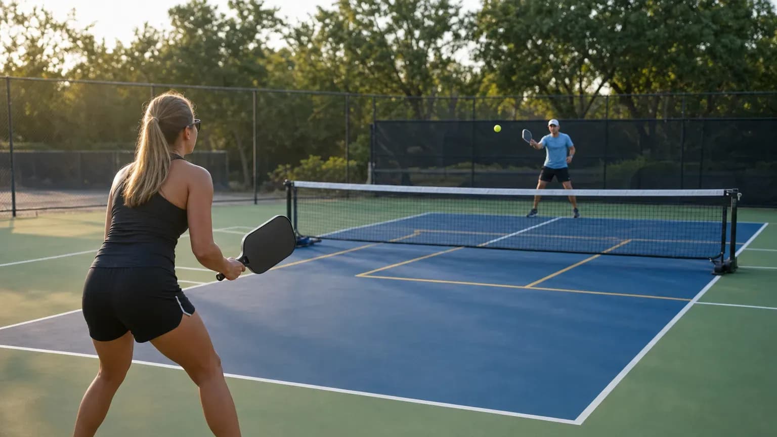 A tennis court with contrasting pickleball lines and a portable pickleball net set up on one half.