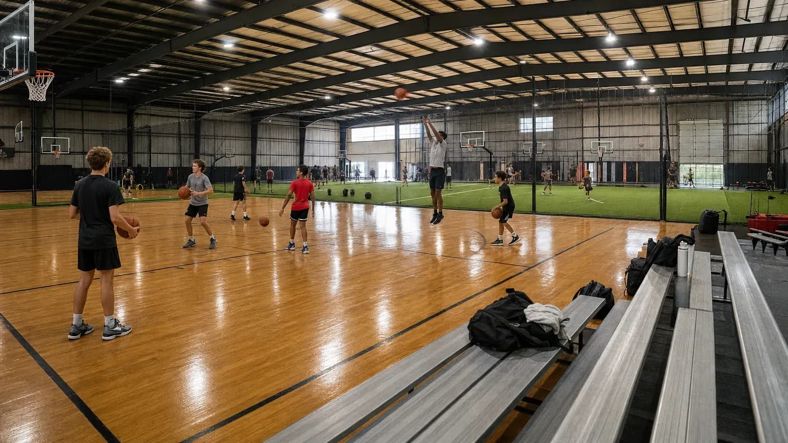 Indoor multi-sport facility with hardwood courts and a turf area separated by netting.